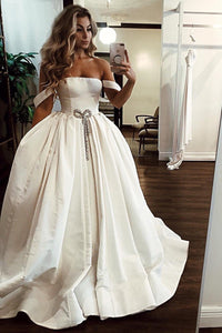 Simple White Satin Off The Shoulder Long Senior Prom Dress Evening Dress With Beading OHC425 | Cathyprom