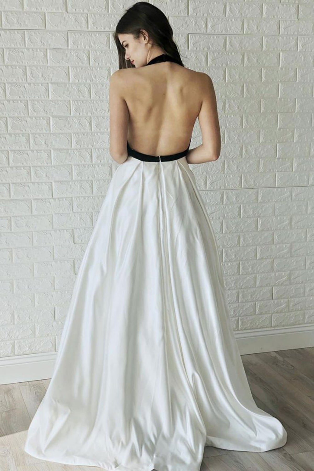 Simple White and Black Satin Sleeveless Backless Long Satin Prom Dress cathyprom Simple White and Black Satin Sleeveless Backless Long Satin Prom Dress cathyprom