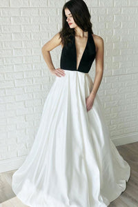 Simple White and Black Satin Sleeveless Backless Long Satin Prom Dress White Evening Dress OHC430 | Cathyprom