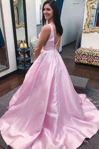 Simple V Neck Open Back Pink Satin Long Prom Dress, V Neck Pink Formal Graduation Evening Dress SNH002