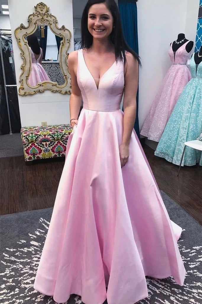 Simple V Neck Open Back Pink Satin Long Prom Dress, V Neck Pink Formal cathyprom Simple V Neck Open Back Pink Satin Long Prom Dress, V Neck Pink Formal cathyprom