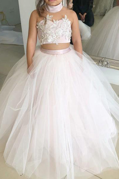 Simple Two Piece Ball Gown Halter Flower Girl Dresses with Appliques OHR005