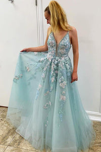 V Neck Spaghetti Straps Tulle Long Prom Dress With Appliques and Beading YZ211010