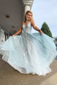 V Neck Spaghetti Straps Tulle Long Prom Dress With Appliques and Beading YZ211010