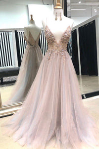 Sexy Spaghetti Straps V Neck Beaded Long Prom Dresses, Formal Dress SJ211034