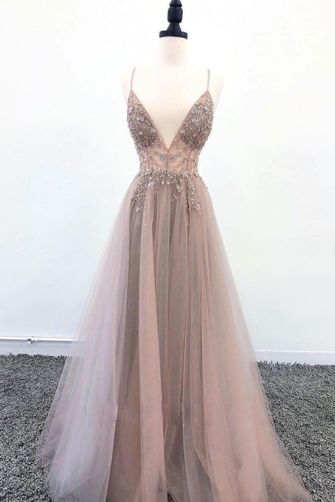 Sexy Spaghetti Straps V Neck Beaded Long Prom Dresses, Formal Dress SJ cathyprom Sexy Spaghetti Straps V Neck Beaded Long Prom Dresses, Formal Dress SJ cathyprom