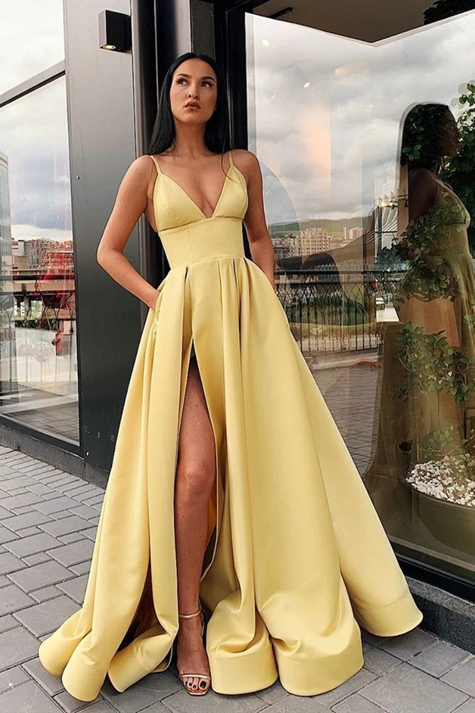 A Line Spaghetti Straps V Neck Yellow Prom Dresses with Pockets High S cathyprom A Line Spaghetti Straps V Neck Yellow Prom Dresses with Pockets High S cathyprom