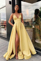 Spaghetti Straps V Neck Yellow Prom Dresses with Pockets High Slit Satin Formal Dress P1131