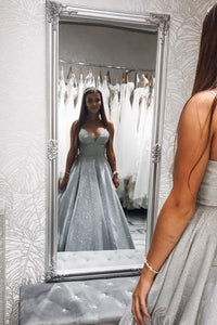 Sparkle A-Line V-neck Spaghetti Straps Silver Long Sleeveless Prom Dress with Pockets OHC445 | Cathyprom