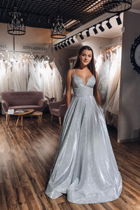 Sparkle A-Line V-neck Spaghetti Straps Silver Long Sleeveless Prom Dress with Pockets OHC445 | Cathyprom