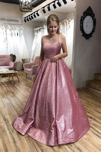 Sparkle A-line Scoop Spaghetti Straps Sleeveless Long Prom Dress with Pockets OHC447 | Cathyprom