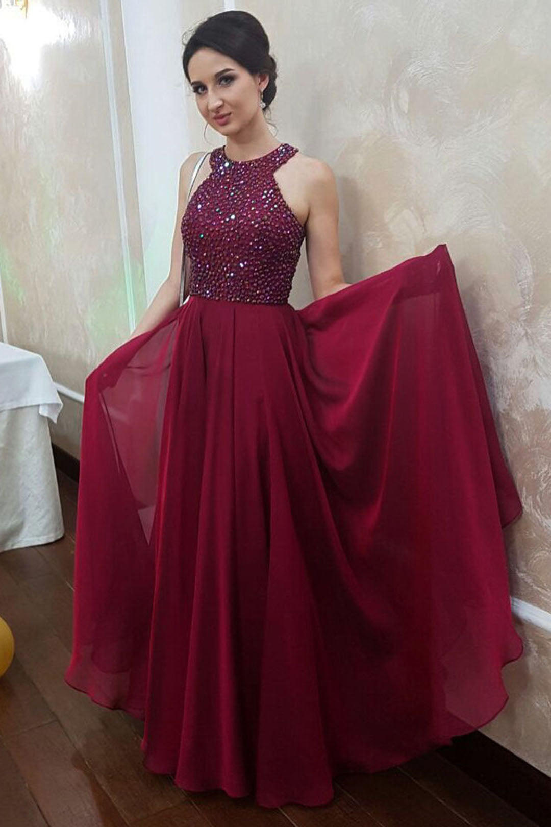 Sparkly A Line Burgundy Chiffon Long Open Back Beaded Senior Prom Dres cathyprom Sparkly A Line Burgundy Chiffon Long Open Back Beaded Senior Prom Dres cathyprom