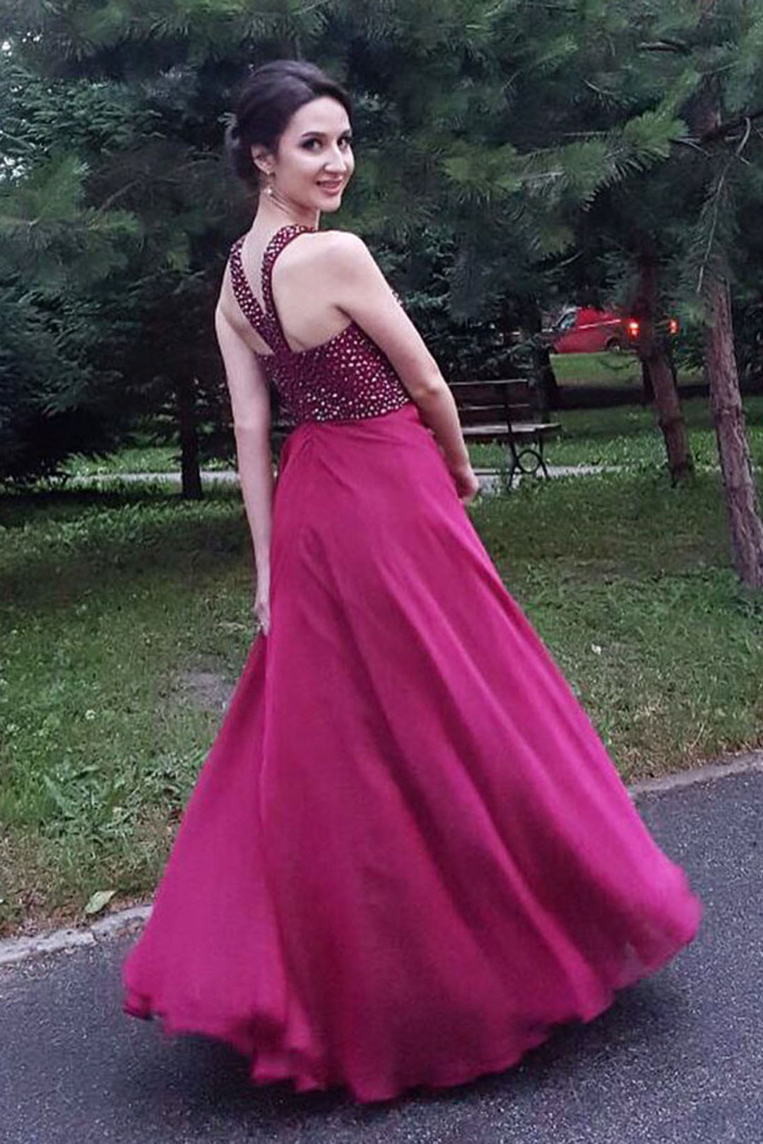 senior prom dress Sparkly A Line Burgundy Chiffon Long Open Back Beaded Senior Prom Dres – cathyprom