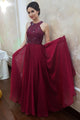 Sparkly A Line Burgundy Chiffon Long Open Back Beaded Senior Prom Dresses OHC485 | Cathyprom