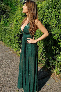 Sparkly A Line V Neck Floor Length Sequins Long Green Prom Dress Evening Dress OHC514 | Cathyprom