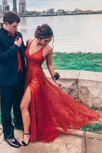 Sparkly A-Line V-Neck Long Prom, Evening Dress With Split YZ211063