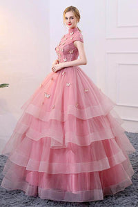Spring Pink Tulle A-Line Long Winter Formal Prom Dress Cap Sleeves Evening Dress With Appliques OHC481 | Cathyprom