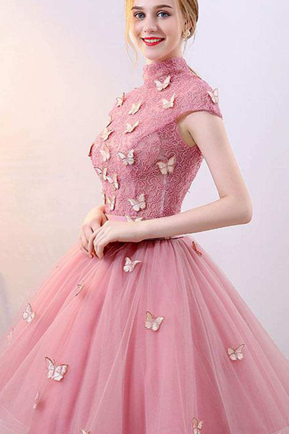 Spring Pink Tulle A-Line Long Winter Formal Prom Dress Cap Sleeves Eve cathyprom Spring Pink Tulle A-Line Long Winter Formal Prom Dress Cap Sleeves Eve cathyprom