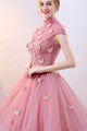 Spring Pink Tulle A-Line Long Winter Formal Prom Dress Cap Sleeves Evening Dress With Appliques OHC481 | Cathyprom