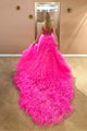 Pink Tulle Strapless High Low Ball Gown Prom Dress, Evening Dress  SHK023