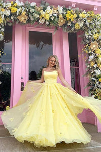 A-line Tulle Yellow Long Prom Dress With Lace, Evening  Dress CMS211154