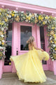 A-line Tulle Yellow Long Prom Dress With Lace, Evening  Dress CMS211154