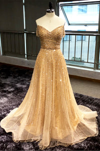 Stunning A Line Sequins Off The Shoulder Long Prom Dresses Evening Dress OHC487 | Cathyprom