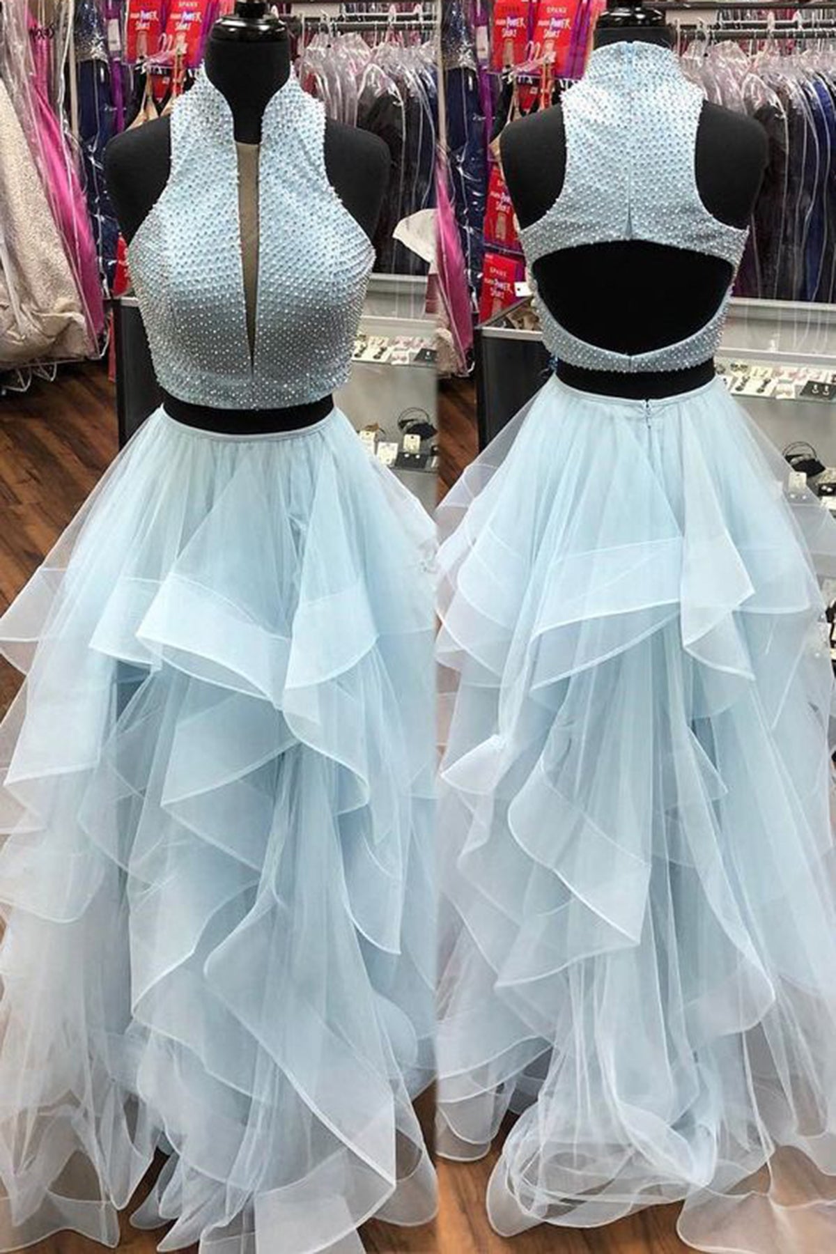 Stunning Light Blue Tulle Two Piece Long Beaded Ruffles Prom Dress Eve cathyprom Stunning Light Blue Tulle Two Piece Long Beaded Ruffles Prom Dress Eve cathyprom
