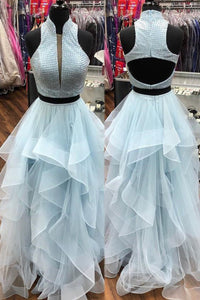 Stunning Light Blue Tulle Two Piece Long Beaded Ruffles Prom Dress Evening Formal Dress OHC477 | Cathyprom