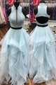 Stunning Light Blue Tulle Two Piece Long Beaded Ruffles Prom Dress Evening Formal Dress OHC477 | Cathyprom