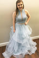 Stunning Light Blue Tulle Two Piece Long Beaded Ruffles Prom Dress Evening Formal Dress OHC477 | Cathyprom