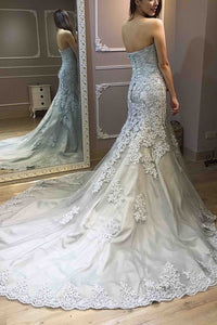 Stunning Mermaid Grey Tulle Lace Satin Sweetheart Floor Length Prom Dresses OHC499 | Cathyprom