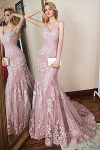 Stunning Mermaid New Brand Pink Tulle Long Evening Dress Lace Applique Prom Dress OHC471 | Cathyprom