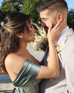 Off-the-Shoulder Green Prom Dress Split Long With Appliques FG4578