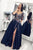 Stylish A Line Round Neck Deep Blue Satin Mid Sleeve Slit Long Lace Prom Dress With Sash OHC419 | Cathyprom