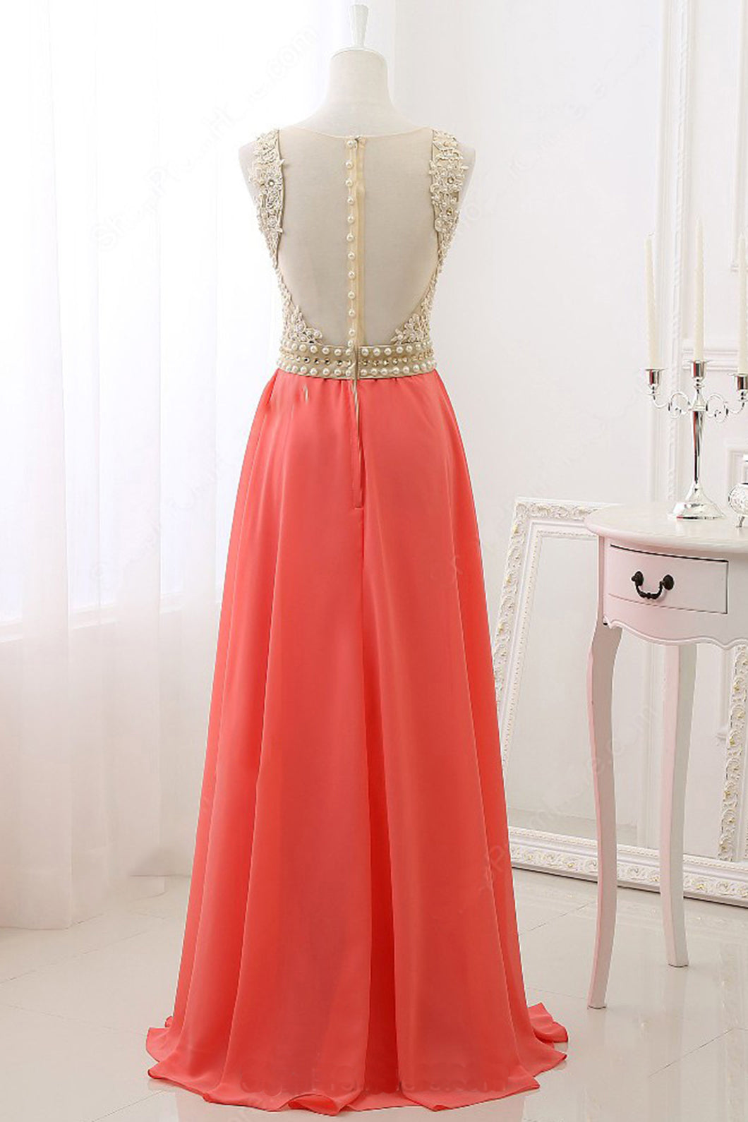 Sweet Scoop Neck Coral Chiffon Sleeveless Long Pearl A-line Prom Dress – cathyprom