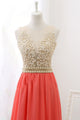 Sweet Scoop Neck Coral Chiffon Sleeveless Long Pearl A-line Prom Dress OHC474 | Cathyprom