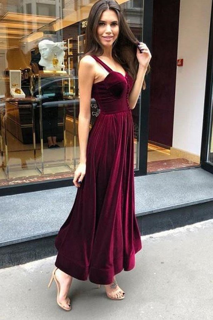 Velvet Sweetheart Neck A-Line Burgundy Prom Dress, Burgundy Evening Dr –  shopluu