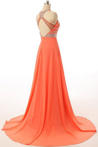 Sexy Halter Court Train Chiffon Backless Orange Prom/Evening Dress With Beading Z38