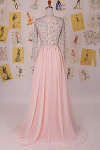 Elegant Bateau Sweep Train Chiffon Blush Long Prom Dress With Long Sleeves LPD72 | Cathyprom
