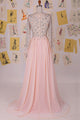 Elegant Bateau Sweep Train Chiffon Blush Long Prom Dress With Long Sleeves LPD72 | Cathyprom