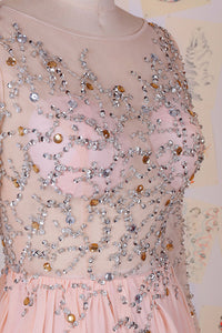 Elegant Bateau Sweep Train Chiffon Blush Long Prom Dress With Long Sleeves LPD72 | Cathyprom