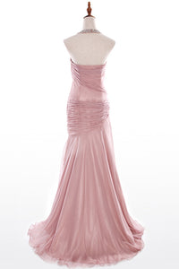 Elegant Mermaid Hater Ruched Beading Chiffon Pink Evening/Prom Dress Q8