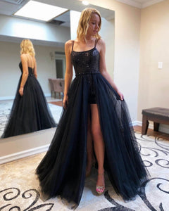 A-Line Black Long Prom Dress with Sequins, Evening Dress CMS211134
