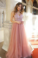 A-Line V-Neck Tulle Beaded Lace Up Back Long Prom Dress, Evening Dress  CMS211121
