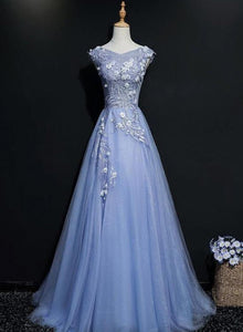 Blue A-Line Tulle V-Neck Lace Prom Dress With Appliques, Evening Dress YZ211047