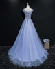 Blue A-Line Tulle V-Neck Lace Prom Dress With Appliques, Evening Dress YZ211047