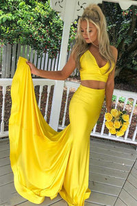 Two Piece Mermaid Yellow V Neck Satin Sleeveless Long Satin Prom Dress Evening Dresses OHC400  | Cathyprom