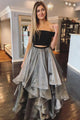 Two Pieces Off Shoulder Sleeveless Multi Layered Grey Long Tulle Prom Dress Evening Dresses OHC422 | Cathyprom