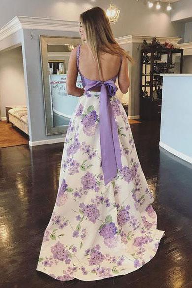 Two Pieces Floral Print Top Lace Purple Prom Dresses Scoop Party Dres cathyprom
